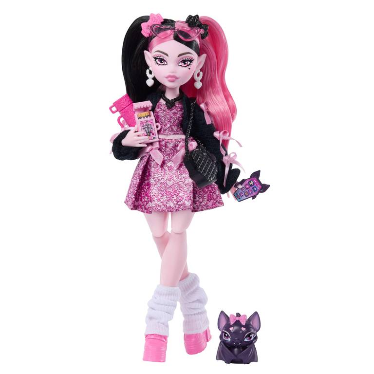 Monster High Draculaura muñeca con murciélago.Vampira vestido rosa y cárdigan negro, mascota Murciélago y 7 accesorios pintalabios y bolso