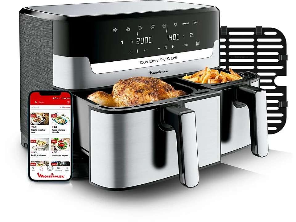 Freidora de aire - Moulinex Dual Fry & Grill EZ905D, Cocinado Dual, 2  Cubetas, 2700W, 8.3 L » Chollometro
