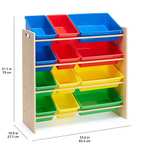 Amazon Basics - Organizador de juguetes con 12 compartimentos de plástico, madera natural, compartimentos brillantes