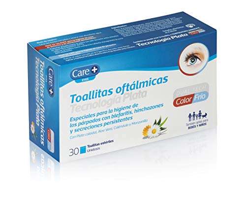 Care + Toallitas Oftálmicas con tecnología plata - higiene de párpados con blefaritis, hinchazones -uso caliente o frío - 30 unidades