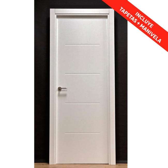 Puerta maciza SAHARA en blanco + jambas+ manivela - Medidas: 62.5, 72.5 y 82.5cm