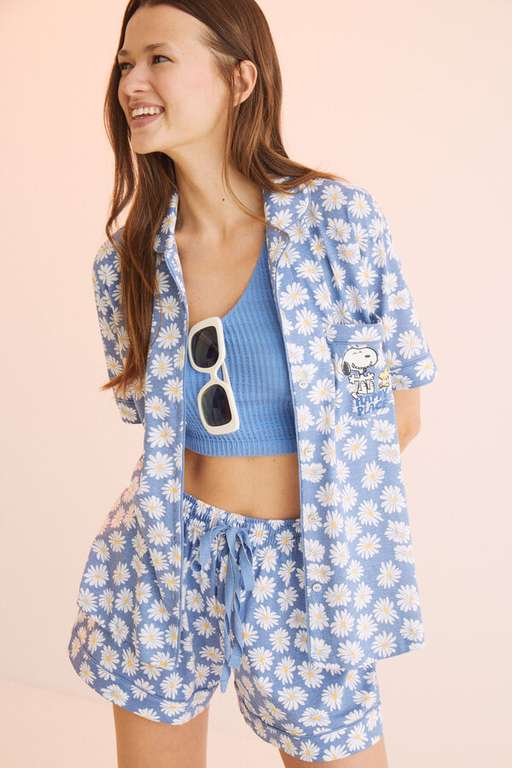 Pijama camisero corto 100% algodón Snoopy flores