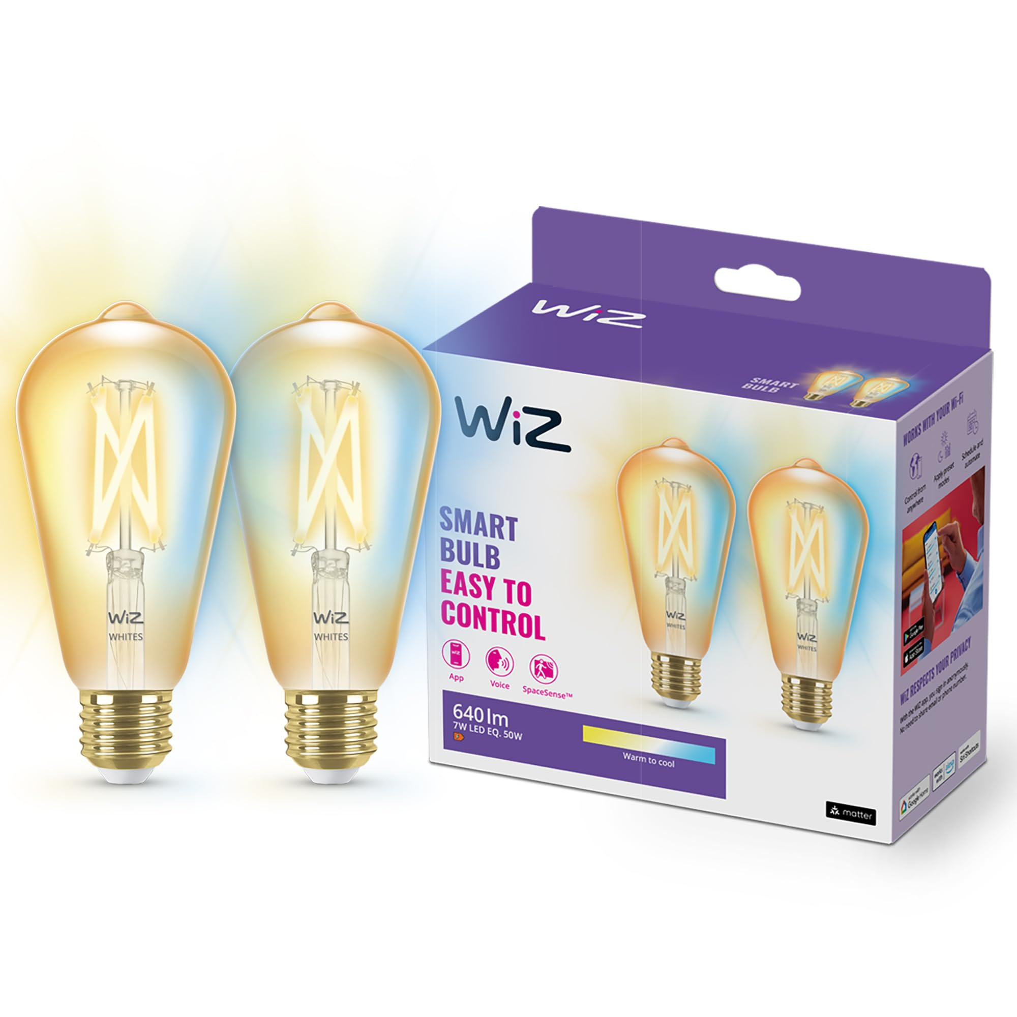 WiZ - Bombilla inteligente Filamento LED Wi-Fi, 6,7w (Eq. 50w) E27 ST64, Luz Blanca Regulable, SpaceSense con Alexa y google - Pack de 2