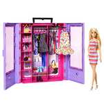 Barbie Fashionista Armario portátil para ropa de muñeca, incluye 3 looks completos, 6 perchas y muñeca, juguete +3 años