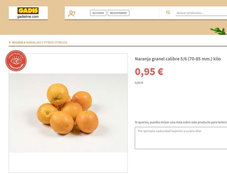 Naranja granel calibre 5/6 (70-85 mm.) origen España a 0,95€ el Kilo