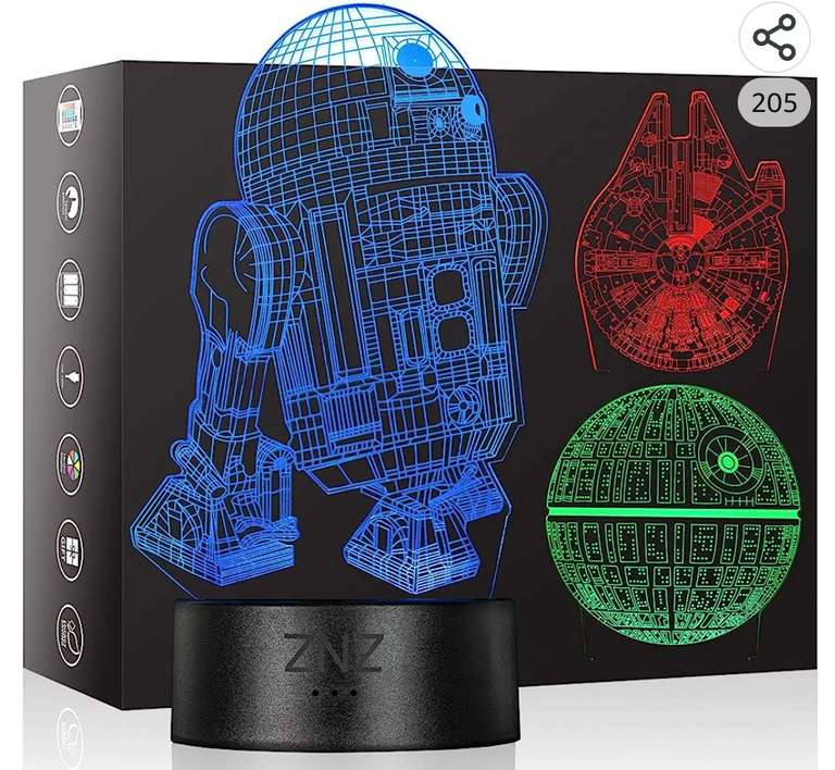 3D LED Star Wars Luz de noche, Lámpara de ilusión Death Star + R2-D2 + Millennium Falcon, Tres patrones y 16 colores