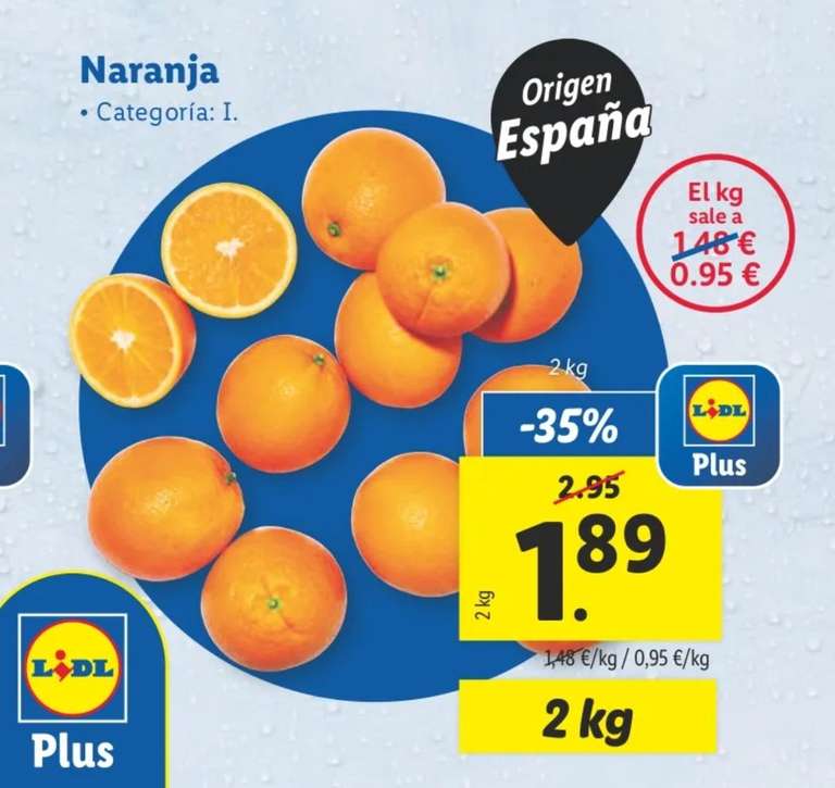 Naranja origen España malla de 2kg (0,95€/kg con Lidl Plus)