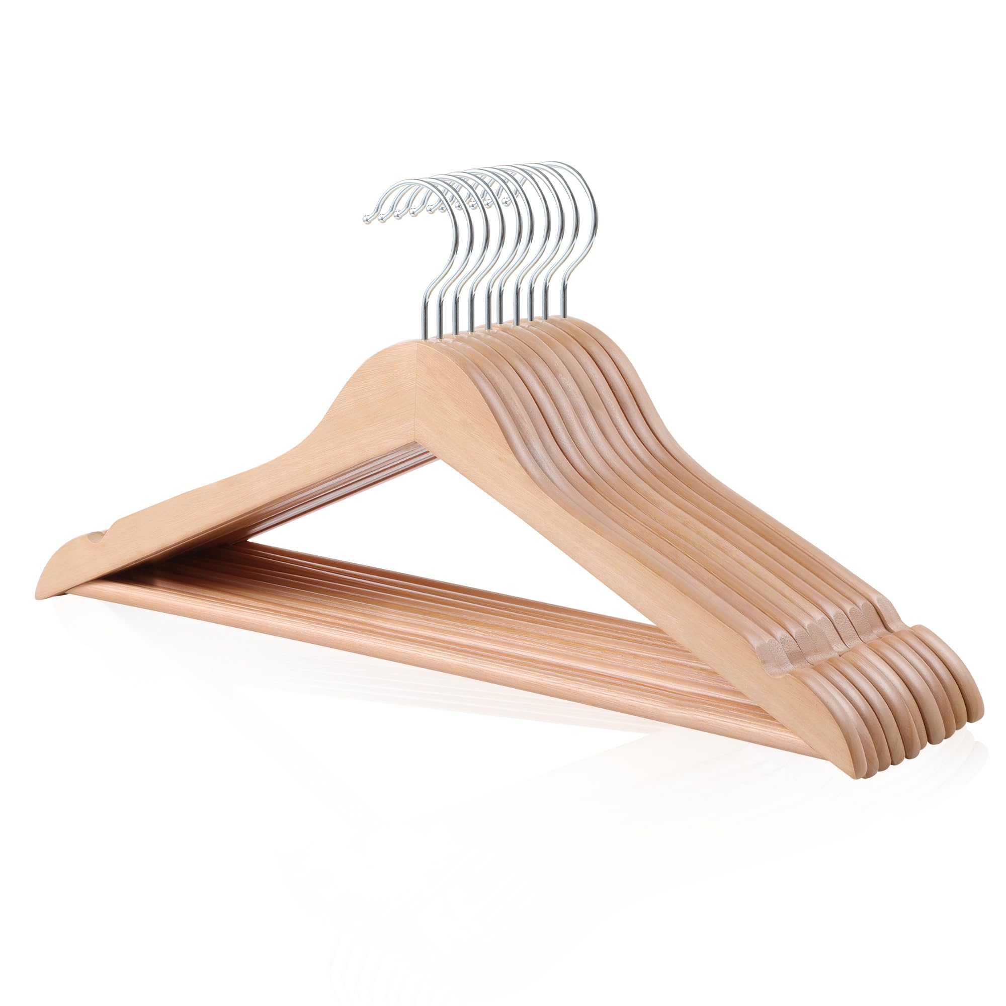 Amazon Basics (Pack de 10 perchas de madera para trajes, diseño robusto con barra antideslizante, gancho giratorio, natural o negro)