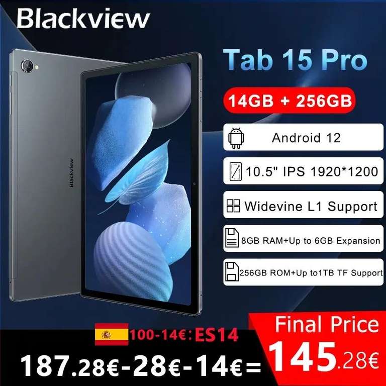 Tablet Blackview Tab 15 Pro, Android Pad, Octa Core, 8GB, 256GB, 8280mAh, 10,5 ", Cámara 13MP, PC