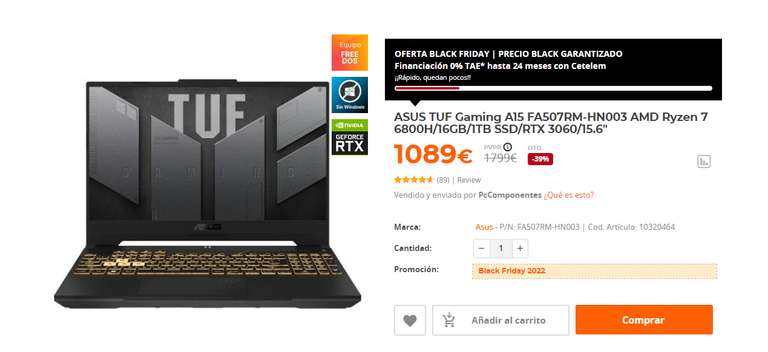 ASUS TUF Gaming A15 FA507RM-HN003 AMD Ryzen 7 6800H/16GB/1TB SSD/RTX 3060/15.6" 1089 €