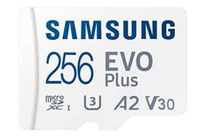 Tarjeta Micro SDXC - Samsung Evo Plus MB-MC256KA/EU, 256 GB, Clase 10, V30, UHS-I,, Lectura 130 MB/s, Blanco