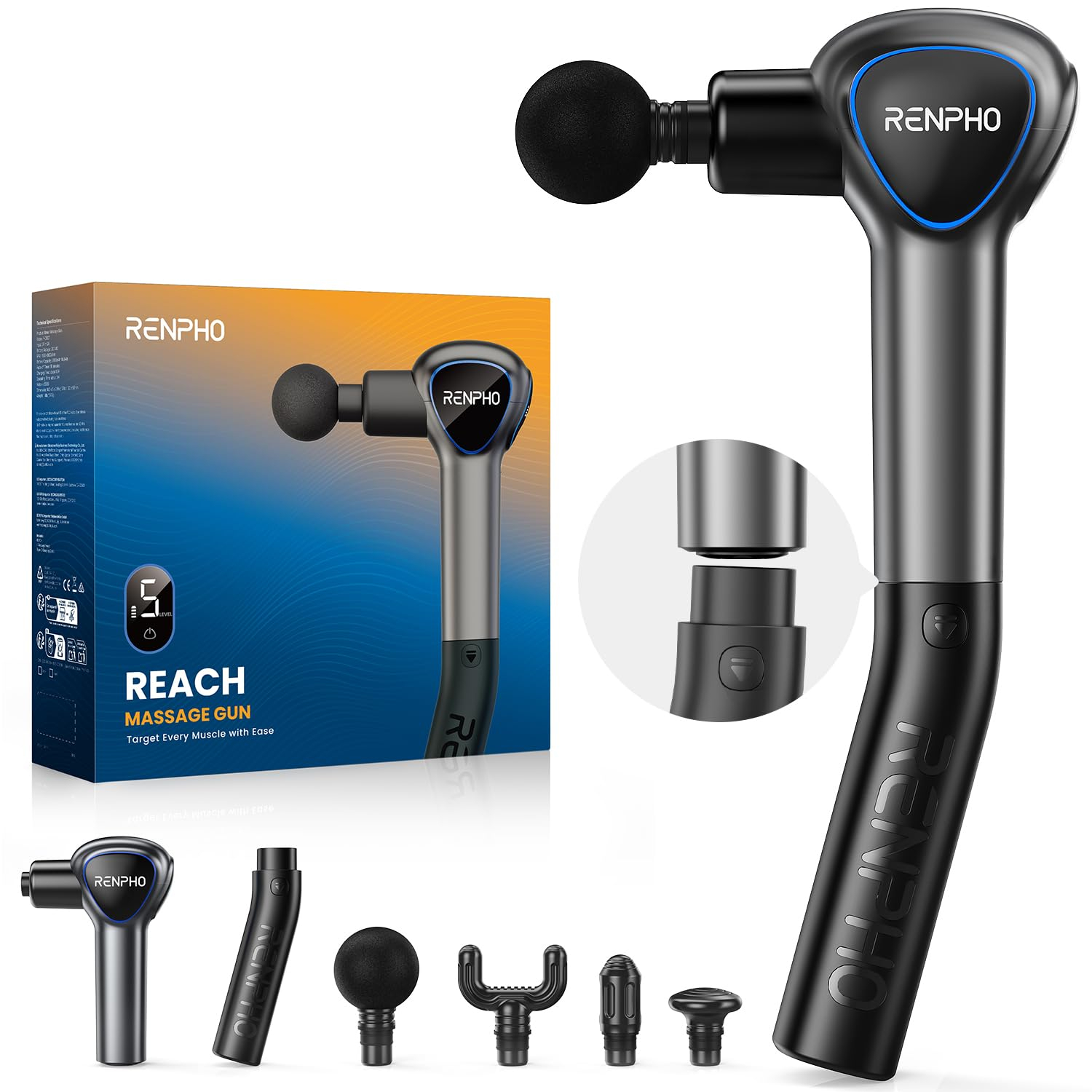 RENPHO Reach - Pistola de Masaje Muscular con Mango Extensible, 5 Velocidades, 4 Cabezales, Carga USB-C y Pantalla LED