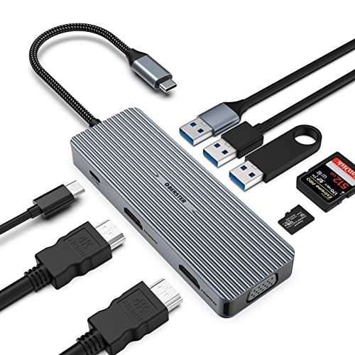 Hub USB C 2 HDMI Docking Station, 9 en 1 Triple Pantalla Adaptador USB C con 2 HDMI, VGA, 100 W PD, USB 3.0, USB 2.0 y Tarjeta TF/SD