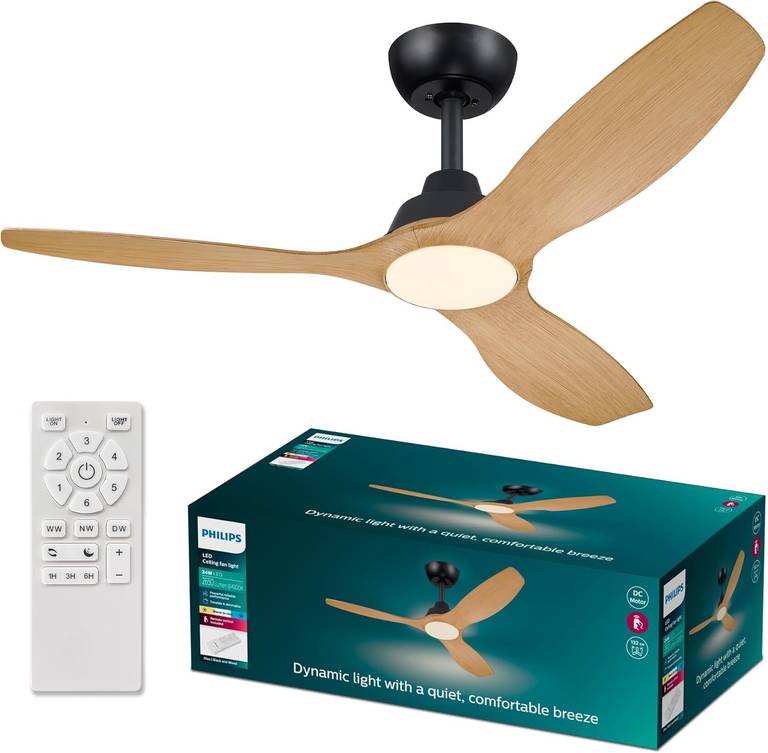 Ventilador de techo Philips Olas, 3 aspas 52, luz LED de 24W, motor DC