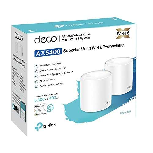 TP-Link Deco X60 (2-Pack) V3.2 - WiFi Mesh AX5400 Mbps, Sistema WiFi 6, Cobertura WiFi hasta 500 m2, Fácil instalación, Control Parental