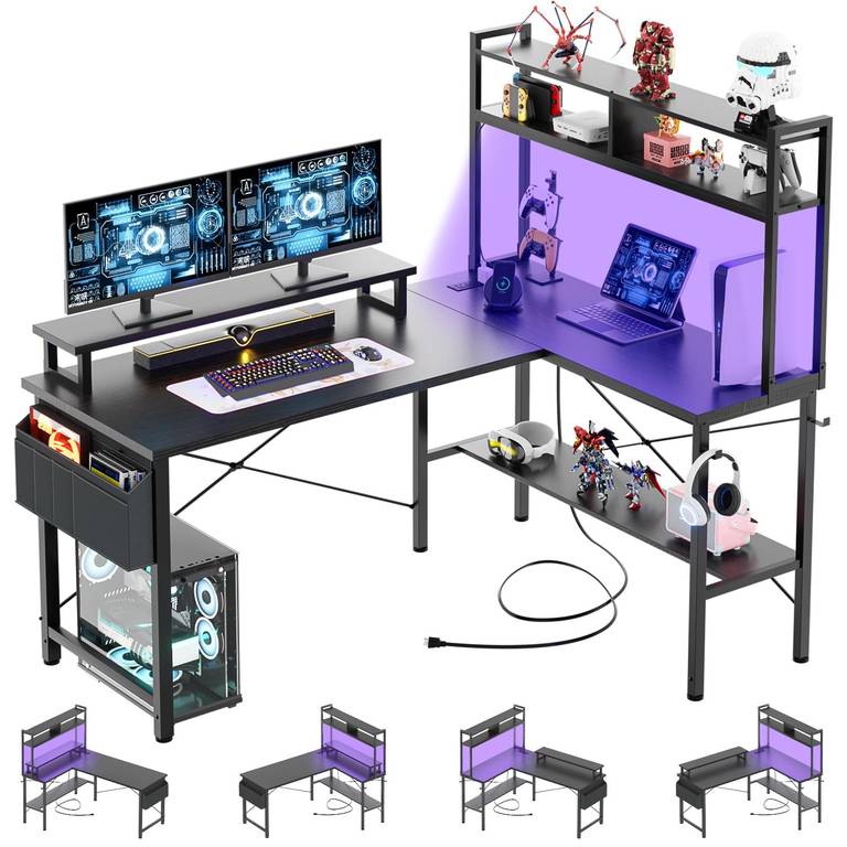 iSunirm Escritorio Gaming con LED,125×90 cm Escritorio en L con Enchufes y Puerto de Carga USB,Mesa para Ordenador con Estante,Negro