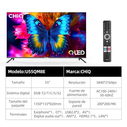 CHiQ - Smart TV 4K QLED de 55 Pulgadas, Panel UHD con Amplia HDR, Control Remoto por Voz, Chromecast Integrado