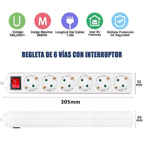 EXTRASTAR Regleta alargador de 1.5 Metros con 6 enchufes e Interruptor (Blanco)