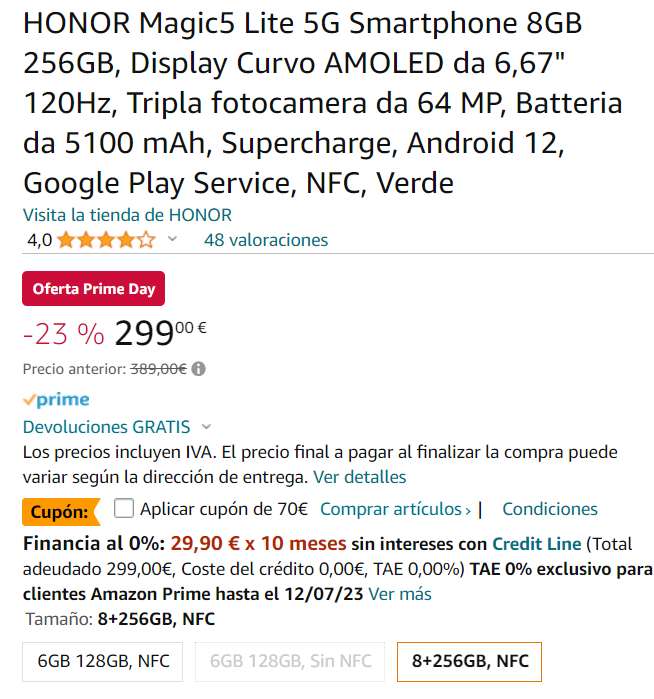 HONOR Magic5 Lite 5G Smartphone 8GB 256GB + cupon dto. 70€