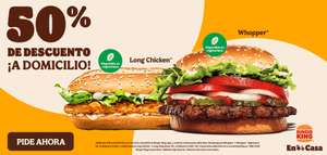 50% de descuento en hamburguesas Whopper, Whopper Vegetal, Long Chicken o Long Vegetal en pedidos en el servicio a domicilio de Burger King