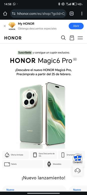 Consigue un cupón de 300€ al suscribirte para la compra del Honor Magic 6 Pro
