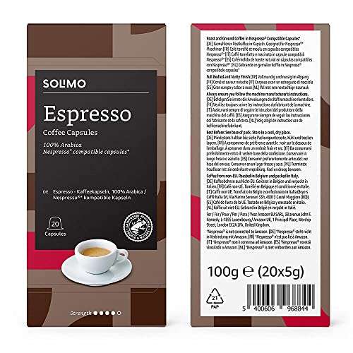 Solimo Pack 80 cápsulas con variedades de café compatibles con Nespresso, 20 Espresso + 20 Lungo + 20 Ristretto + 20 Lungo Decafeinado