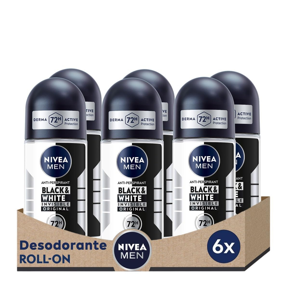 Desodorante de Hombre Invisible Roll-on - Sin Alcohol - Anti Sudor, Olor, Manchas, Irritación y Residuos - Pack 6 x 50 ml