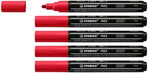 Pack de 5 - STABILO FREE Acrylic - Marcador acrílico - T300 punta redonda 2-3mm - Color carmín