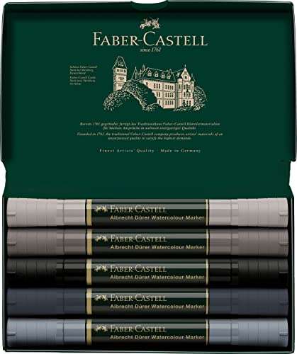 Faber-Castell 160306 Albrecht Durer - Rotulador de acuarela con doble aplicación de color plana y precisa, 5 unidades, tonos grises, gris