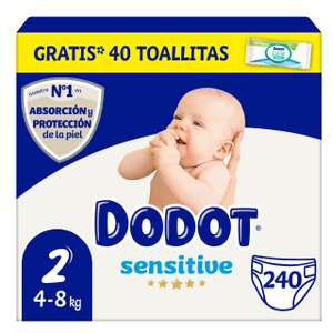 2X Dodot Pañales Bebé Sensitive Talla 2 (4-8 kg), 240 Pañales + 1 Pack de 40 Toallitas Gratis