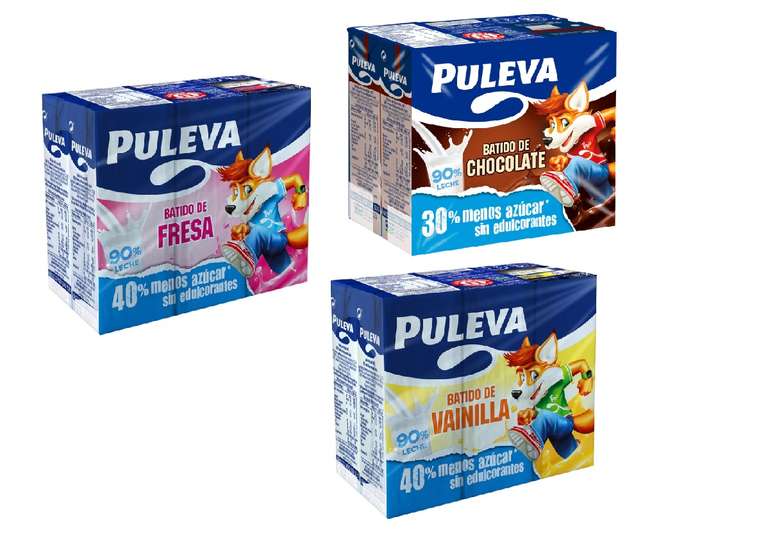 9 Pack Batidos PULEVA 90% de leche Sin Gluten pack 6 briks 200 ml (Fresa, Vainilla o Chocolate)