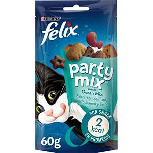 Felix Purina Party Mix Ocean, Snack, Premio para Gato con Salmón, Pescado Blanco y Trucha, 8 bolsas de 60g