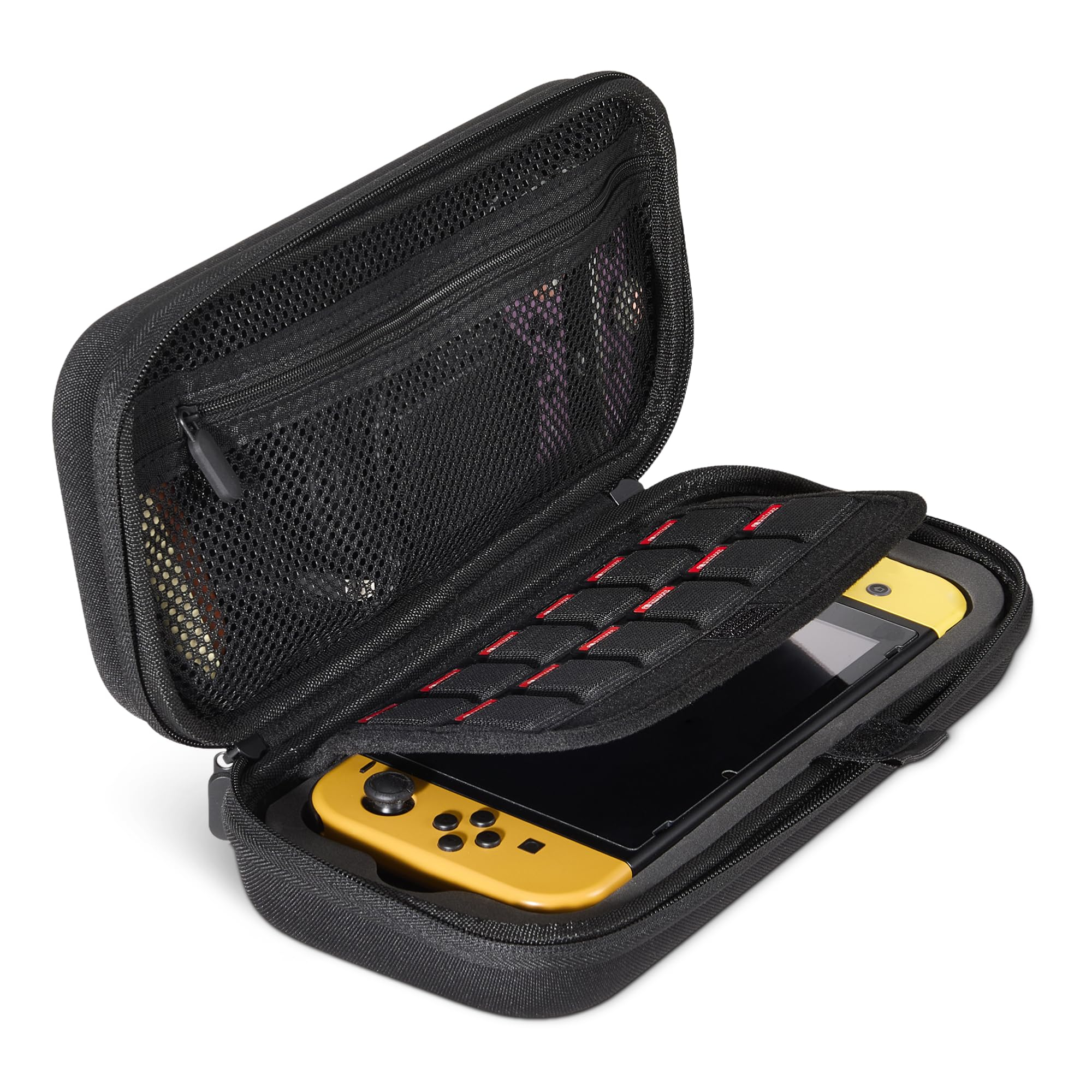Funda Universal Amazon Basics Nintendo Switch (12 ranuras para juegos, compatible Switch 2 y OLED, carcasa rígida, asa, negro)