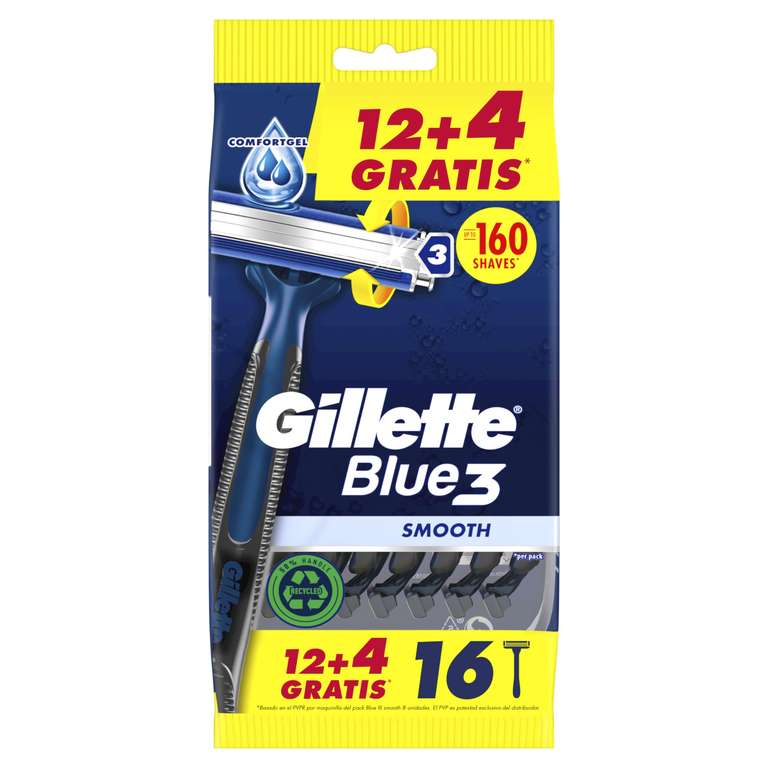 Gillette Blue3 Smooth Maquinillas de Afeitar Desechables Hombre, Pack de 16