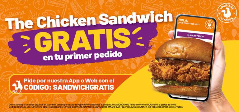 The Chicken Sandwich gratis en tu primer pedido a domicilio en Popeyes (solo en APP, mínimo 10€)