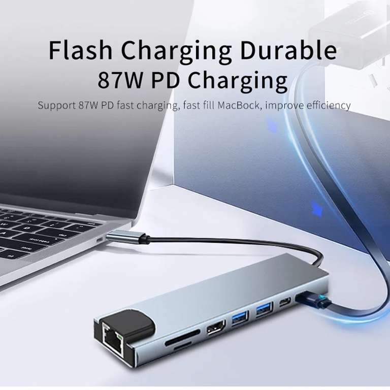 Hub USB-C 8 en 1 : - Puerto Fast Ethernet - HDMI 4K - Caraga Rapida 87W, USB 2 - USB 3.0 - SD y Micro SD - 2 USB-C