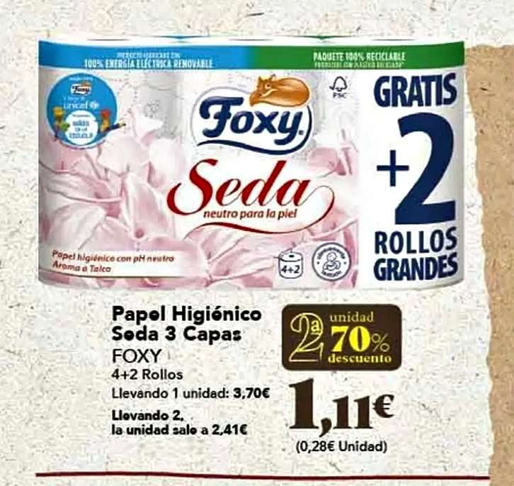 Foxy Seda papel higiénico 3 capas pack 6 rollos comprando 2, 2ªud, -70% sale a 2,41€ pack