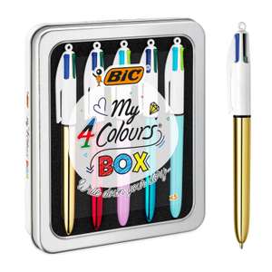 BIC, Caja de 5 Bolígrafos 4 Colores (Shine y Fun) en una bonita caja metálica - Bolígrafo retráctil con tintas en colores surtidos