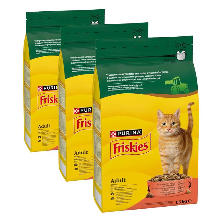 Purina Friskies Pienso para Gato Adulto con Buey, Pollo y Verduras, 1 Bolsa de 1,5kg (Paquete de 3)