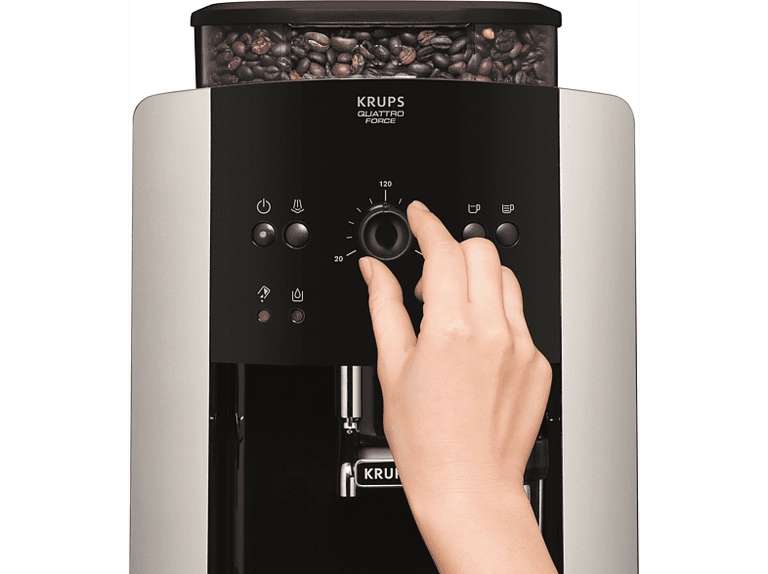 Cafetera superautomática - Krups Espresseria Arabica Quattro Force EA8118, 1450 W, 15 bares, 1.7 L, 3 temperaturas, 2 tazas, Negro y Plata