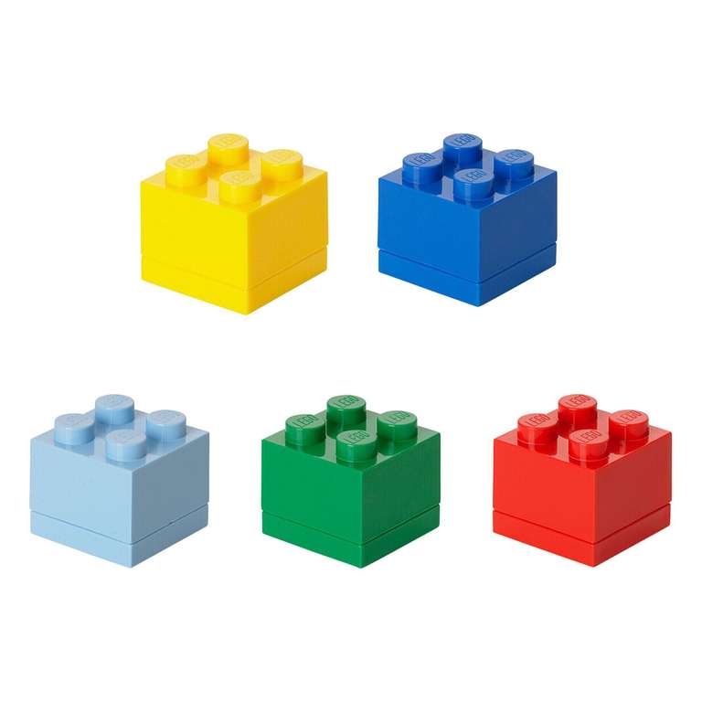 Lego - Juego de 5 cajas - 4 espigas - rojo, azul, amarillo, verde y azul claro - 4,6 x 4,6 x 4,3 cm