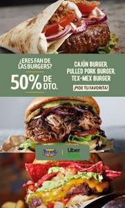 50% de descuento en Cajún Burger,Pulled Pork o Tex Mex Burger de Ribs pidiendo en Uber Eats