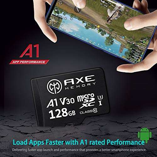 AXE Tarjeta de memoria microSDXC de 128 GB + adaptador SD con rendimiento de aplicación A1, V30 UHS-I U3 4K