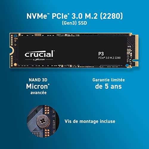 Crucial P3 2TB M.2 PCIe Gen3 NVMe SSD interno - Hasta 3500MB/s - CT2000P3SSD8
