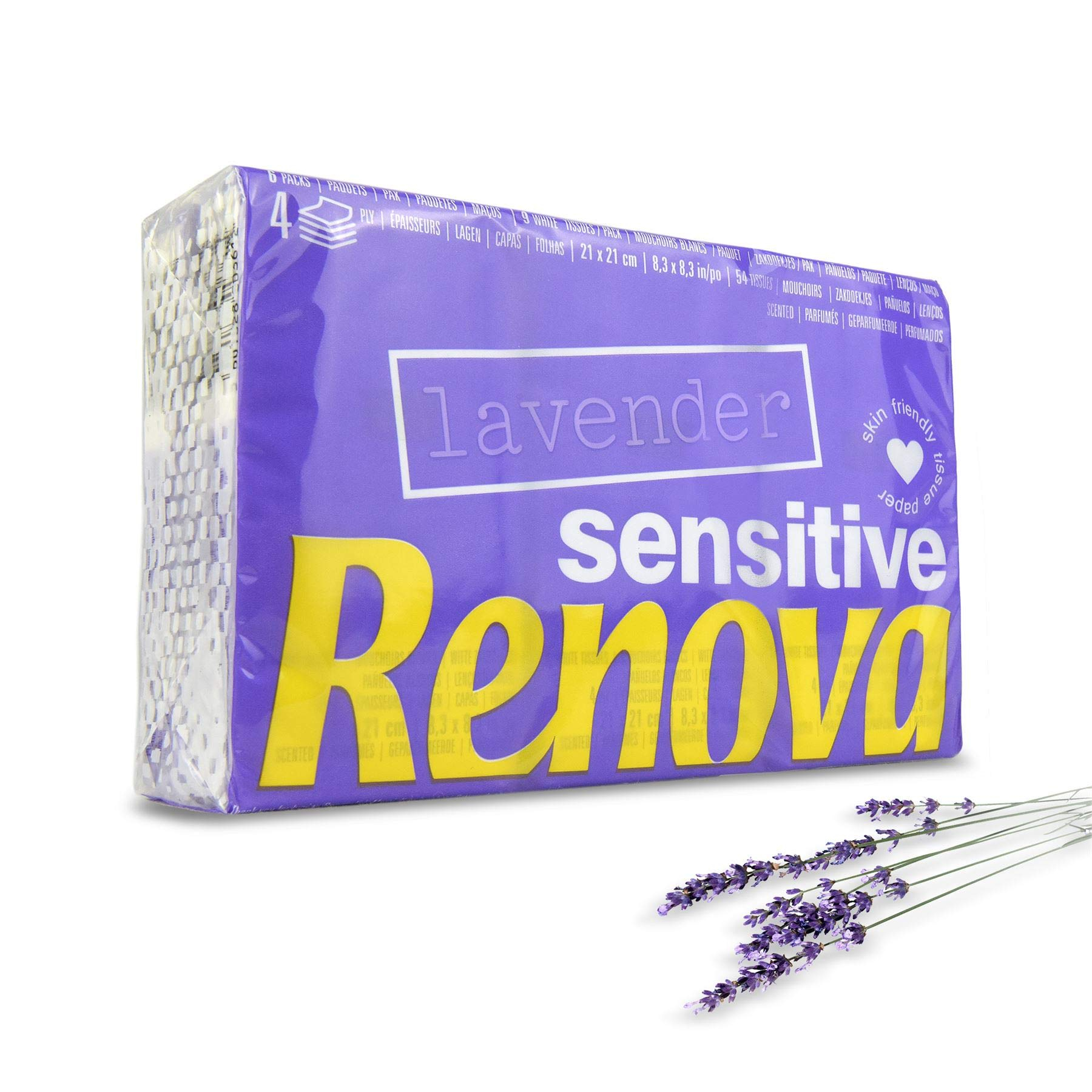 RENOVA Pañuelos de Bolsillo Sensitive, 4 Capas, 6 Paquetes, Lavanda 6 paquetes de 9 pañuelos, 4 capas, extrasuaves, papel blanco , lavanda