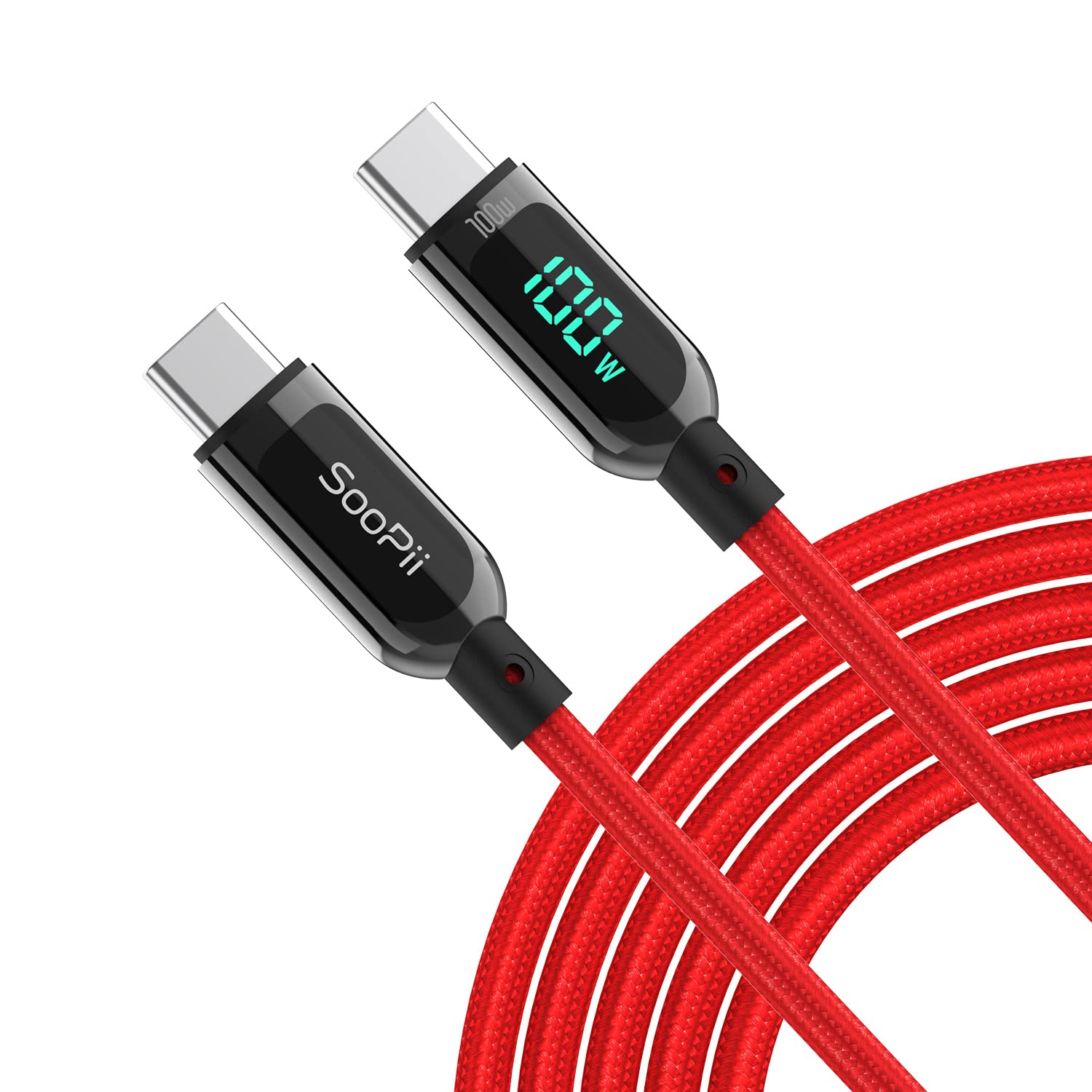 Cable USB-C a USB-C de Carga Rápida SOOPII 2M con Pantalla LED de Potencia (Nylon Trenzado, 100W PD, Rojo)