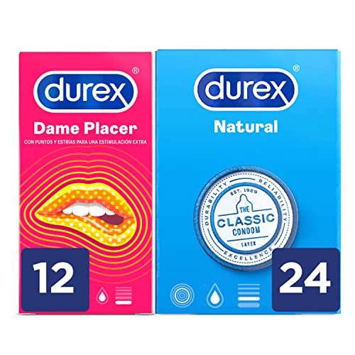 Durex Preservativos Originales Natural Plus, 1x24 condones + Preservativos Dame Placer, 1x12 condones