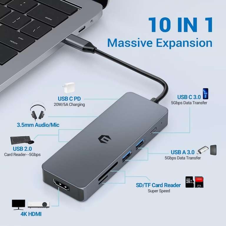 Hub USB C, 10 en 1 para MacBook Chromebook, Thinkpad, LAN con Salida HDMI 4K, Lector de Tarjetas TF