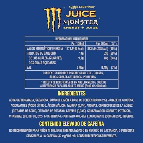 Monster Juiced Aussie Lemonade Style Bebida Energética Sabor Limonada Lata de 500ml - Pack de 24
