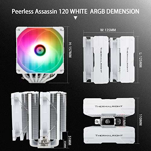 Thermalright Peerless Assassin 120 White ARGB CPU Air Cooler,6 Heat Pipes, Dual 120mm